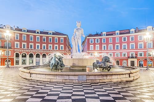France, Cote d Azur, Nice. Sun Fountain at Place Massena with Statue of Apollo at dawn European Print